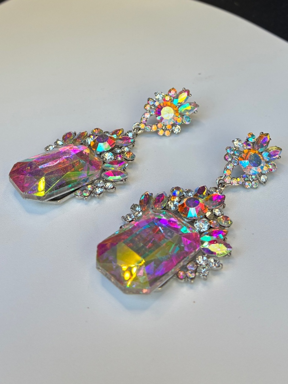 Large Rectangular Iridescent Silver-Tone Rhinestone Earrings - Picture 3 of 7